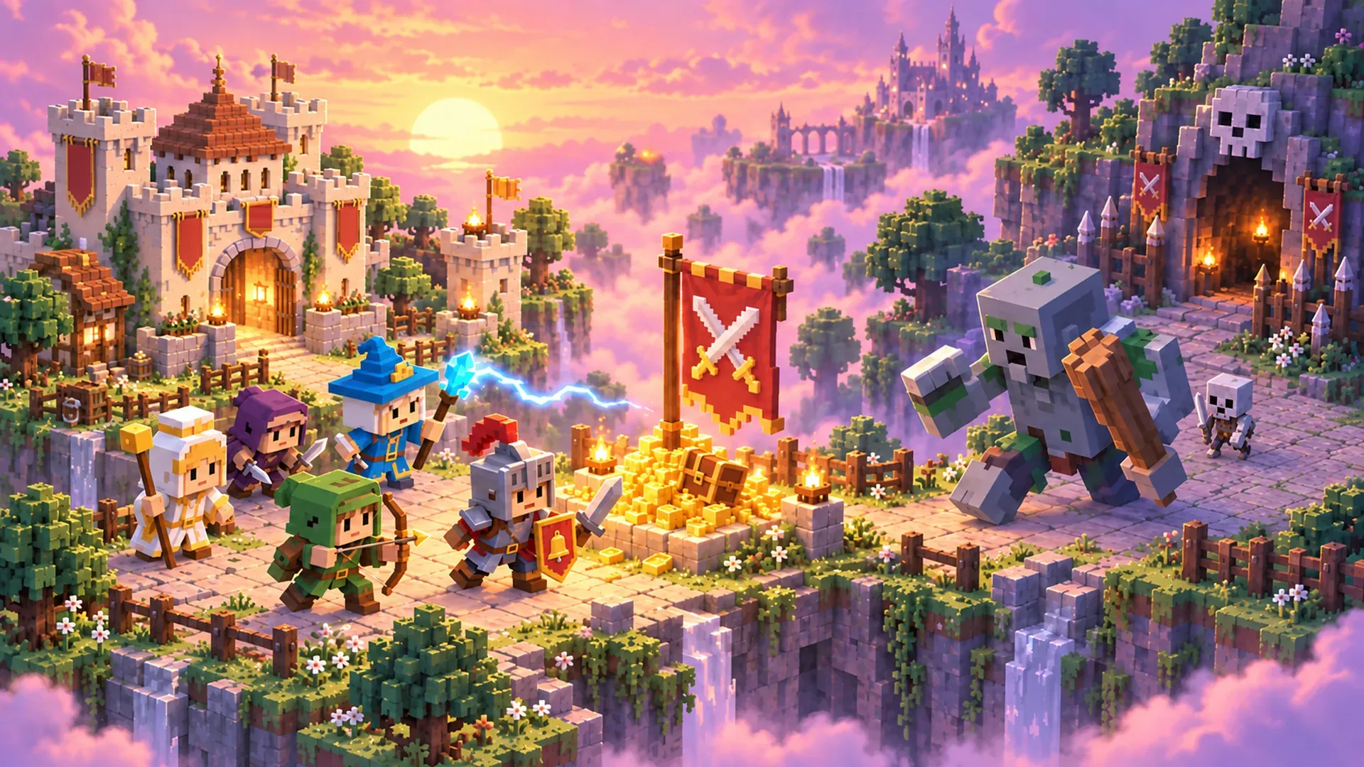 Braveward heroes and a pile of gold outside a castle at sunset
