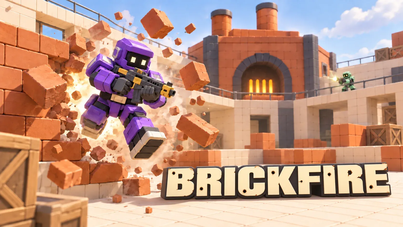 Brickfire: a purple block soldier bursts through a brick wall in the foundry arena