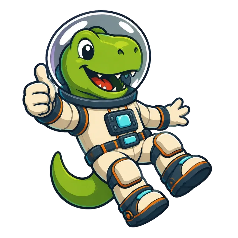 The Spacedino mascot, a green T-rex in a spacesuit, floating and giving a thumbs up